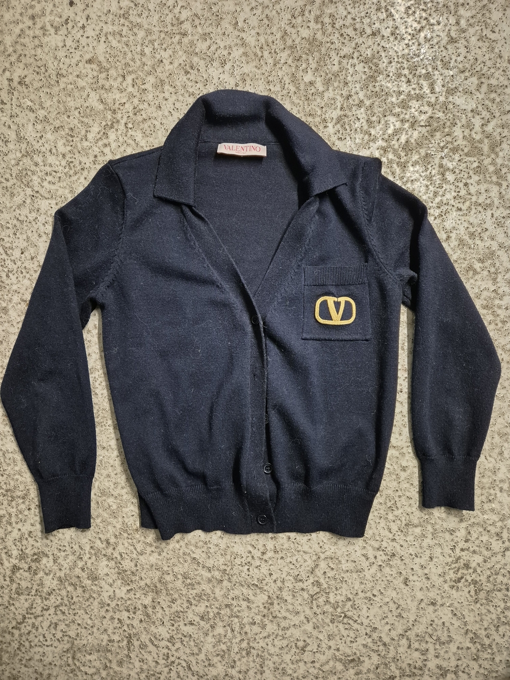 Valentino Navy Cardigan with Gold Logo Patch